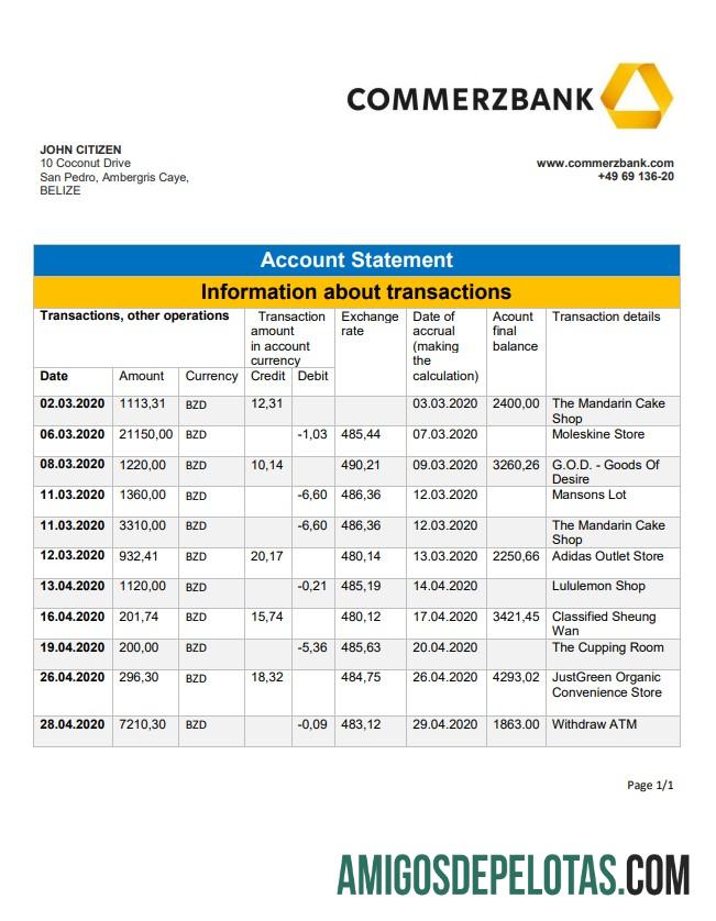 Belize Commerzbank extrato bancário amostra